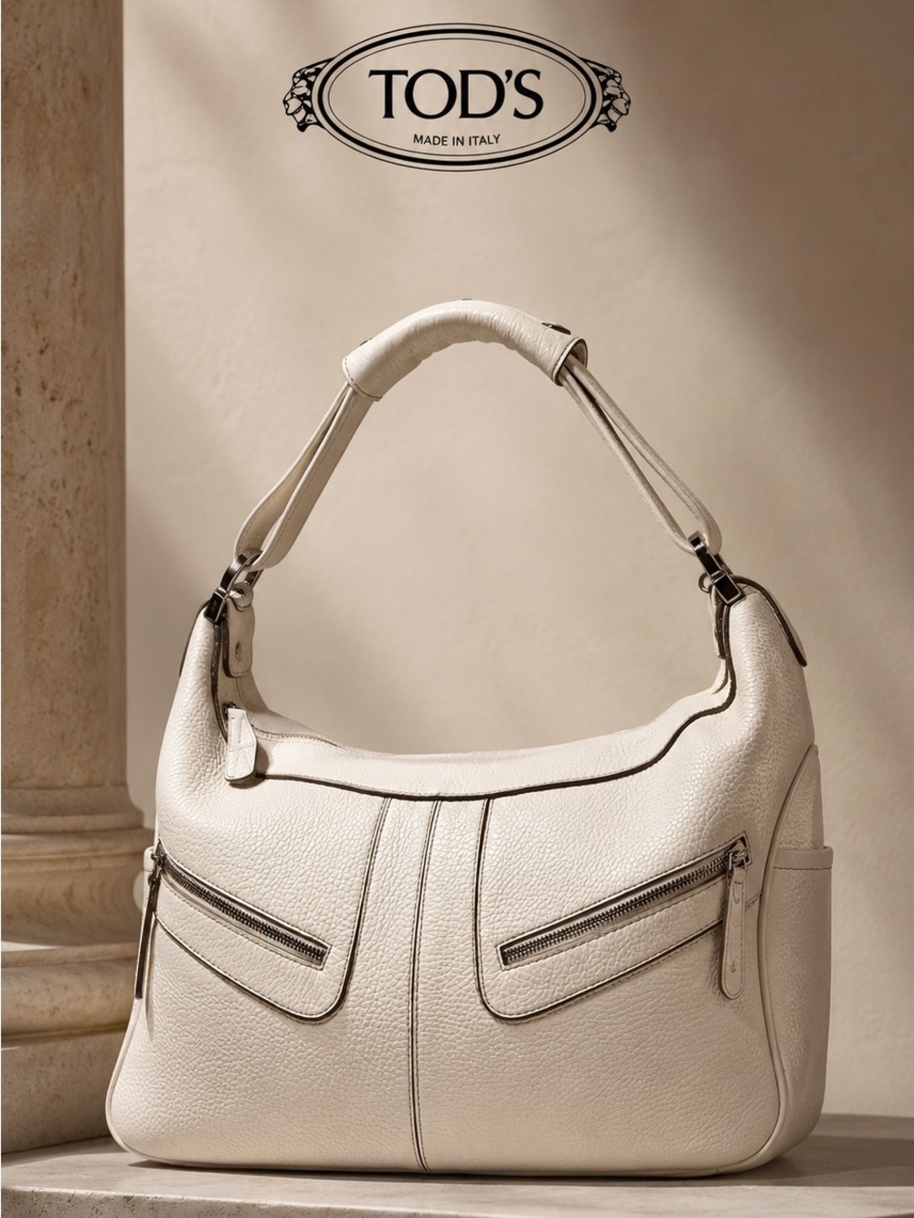 TOD’S White Pebbled Leather Shoulder Bag